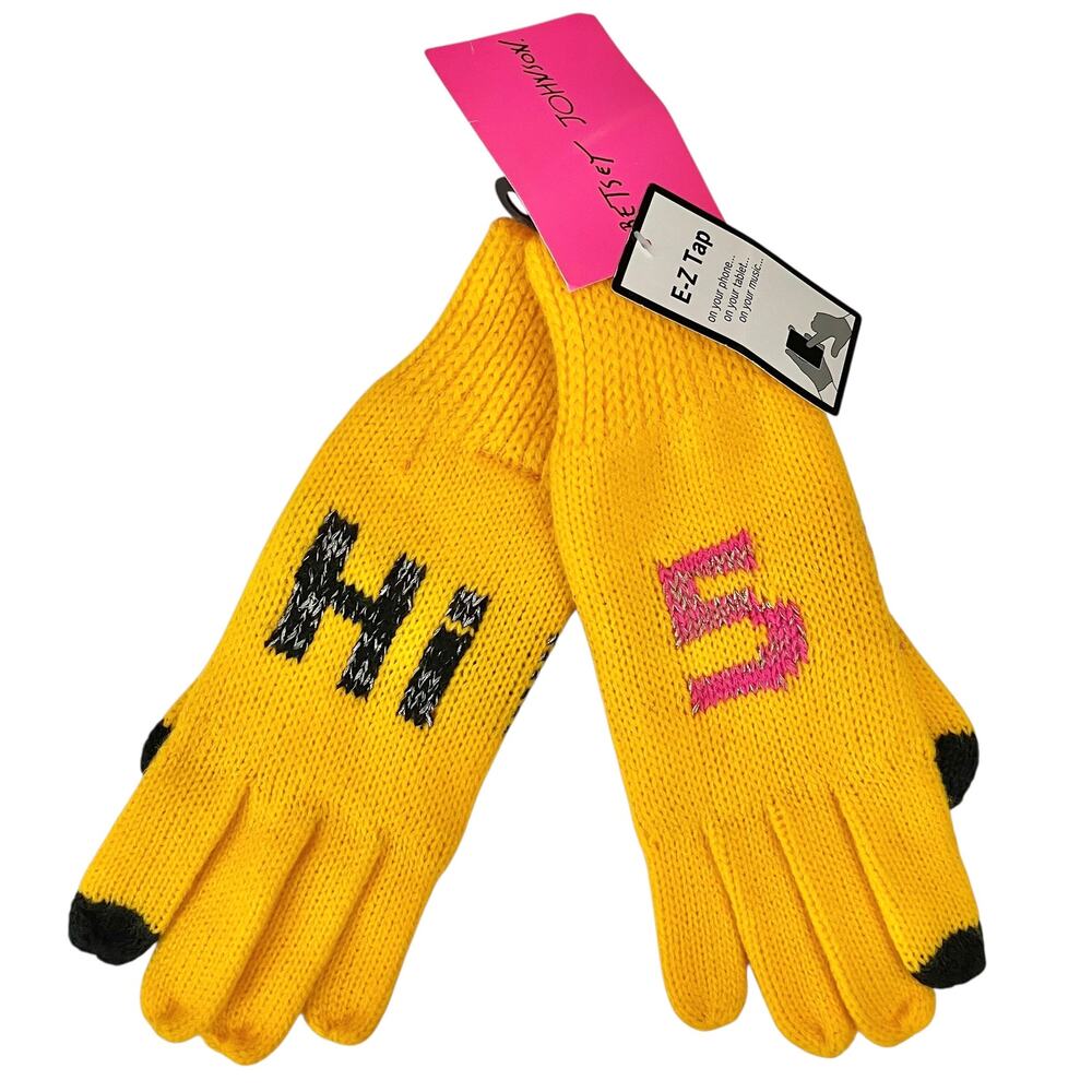 NWT Betsey Johnson "Hi 5" EZ-Tap Metallic Knit Yellow Gloves - One Size